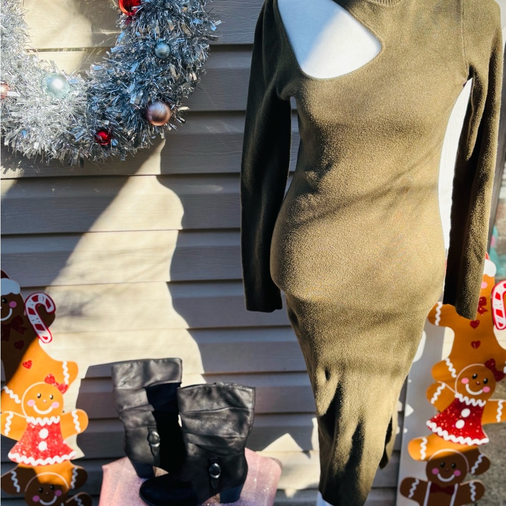 Olive Green Cutout Sweater Dress